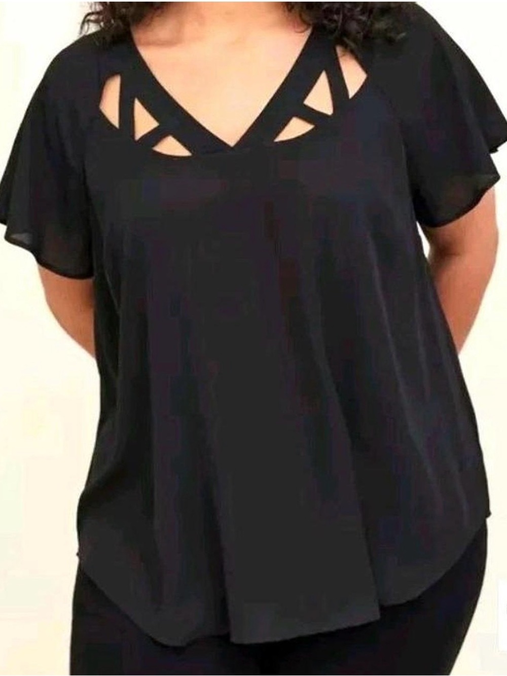torrid Black Flutter-Sleeve V-Neck Blouse